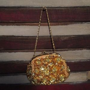 VINTAGE Gold Sequins and Beaded Snap Top Purse